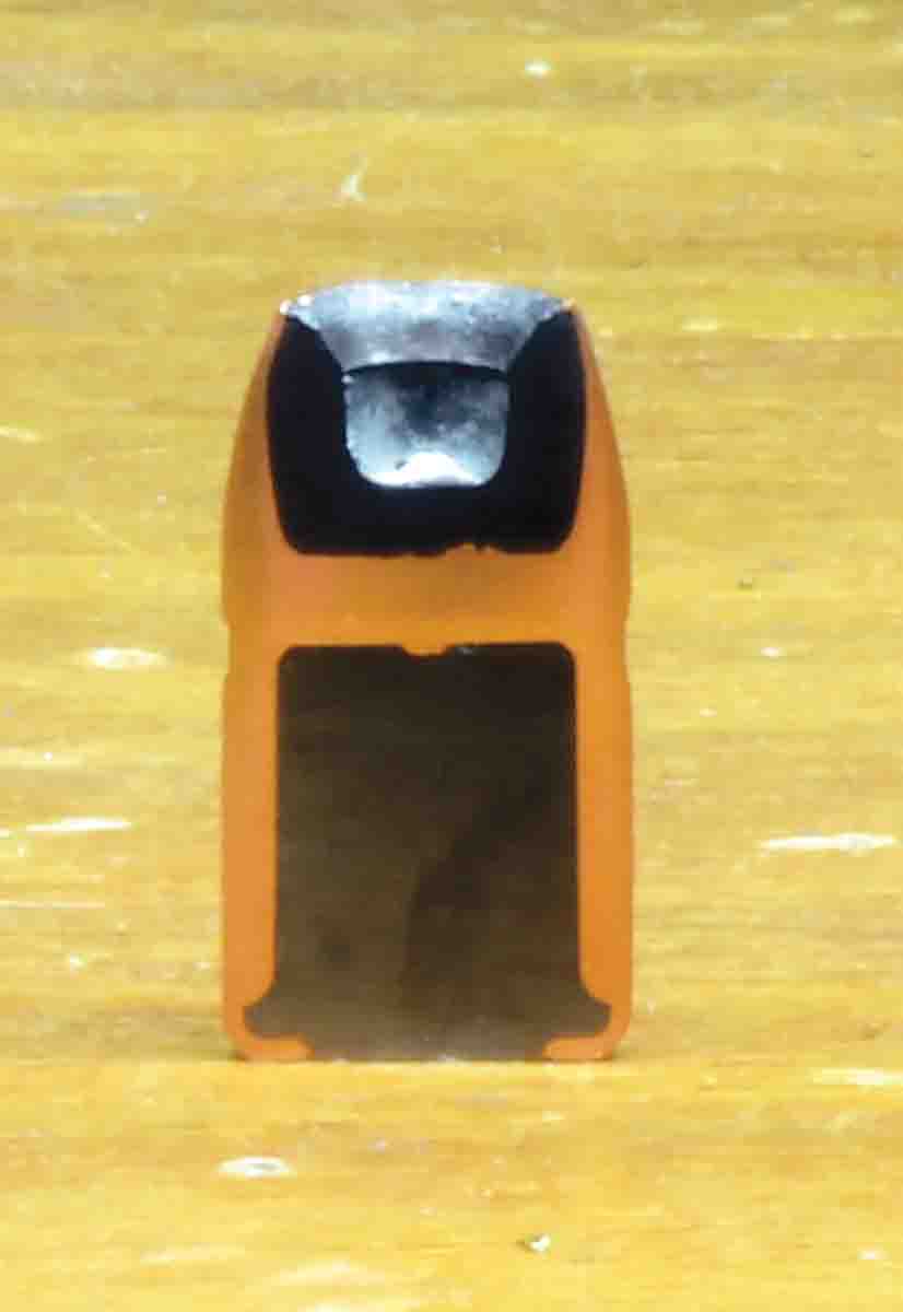This sectioned bullet illustrates A-Frame construction. Positioning 80 to 85 percent of initial weight behind the partition separating the front and rear lead cores, along with controlling frontal diameter during expansion to no greater than about 40 percent larger than original bullet diameter, assures a large through-the-vitals wound channel at distances ranging from muzzle-close to as far away as game is commonly taken with handgun cartridges.
